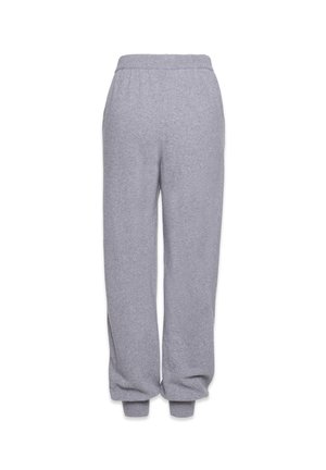 Šviesiai pilkos fliso kelnės su elastingu juosmeniu ir uždaromomis kulkšnimis, rodomos iš nugaros ant baltos fono.