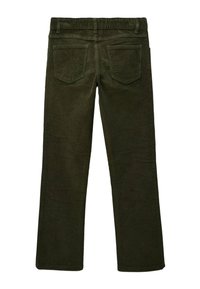 Pantalon en velours côtelé vert olive avec une coupe droite, des poches arrière et une surface de tissu texturée.