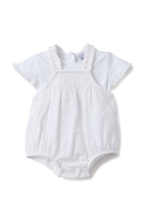 Tutina bianca per neonati con maniche corte, spalline arricciate e bottoni sul fondo e sui lati, tessuto strutturato con motivo discreto.