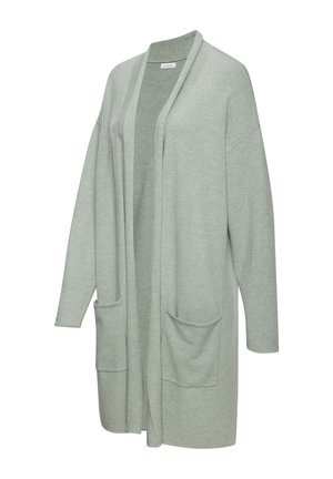 Light green cardigan with a soft texture, open front design, long sleeves, and two front pockets. Simple, casual style.