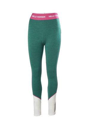 Zielone legginsy z różowym pasem oznaczonym "HELLY HANSEN", z białymi akcentami na kostkach i teksturowanym wzorem na całej powierzchni.