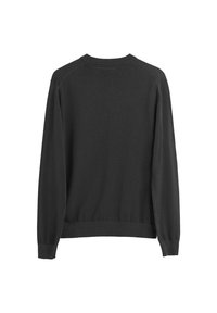 Czarny dzianinowy sweter z okrągłym dekoltem, ściągaczami na mankietach i dole. Posiada długie rękawy i luźny krój, idealny do noszenia warstwowego.