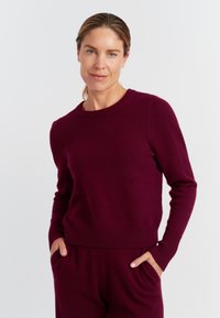 Burgunderfarbener Strickpullover mit rundem Ausschnitt, Rippbündchen und Saum. Die weiche Textur sorgt für eine lässige Passform und hat seitliche Taschen.
