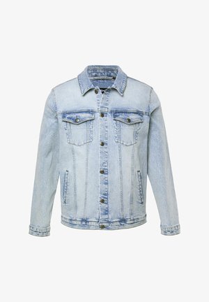 Lys blå denimjakke med krave, to brystlommer, sidelommer og knaplukning foran. Slidt tekstur detalje.