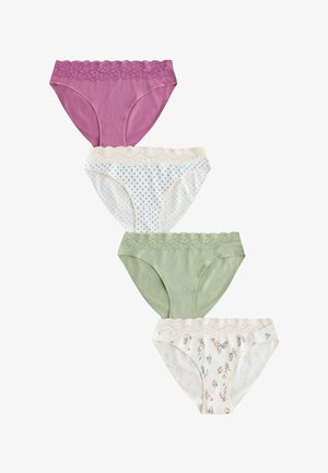 Patru chiloți de damă stil bikini, fiecare cu talie din dantelă cu margine ondulată; culori și modele: roz solid, alb cu buline albastre, verde solid, alb cu imprimeu floral.