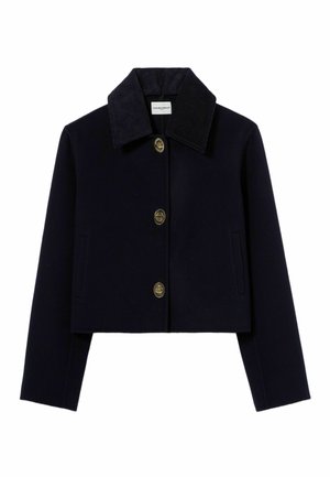 Personne debout devant un fond uni, portant une veste bleu marine, une chemise blanche, un pantalon bleu à motifs et des chaussures marron, avec une expression neutre.
