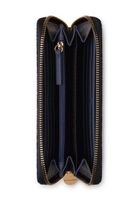 Schwarze Lederbrieftasche mit goldenem Reißverschluss, ausgestattet mit mehreren Kartenfächern, einem Reißverschlussmünzfach und einem glatten Innenfutter.