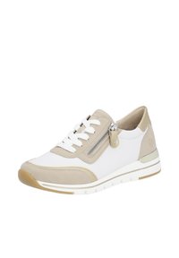 Weiße und beige Schnürschuhe mit einem Reißverschluss an der Seite, strukturiertem Obermaterial, Wildlederakzenten und einer Gummisohle, die ein geschwungenes Design und Logodetails aufweisen.