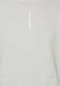 Felpa grigio chiaro con collo a giro, caratterizzata da una tasca frontale e un logo testuale bianco "HOLLISTER" allineato verticalmente sul lato sinistro.