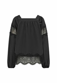 Sort langærmet bluse med firkantet halsudskæring, med blonder detaljer ved skuldrene og kanten, der fremhæver detaljerede blomster mønstre.