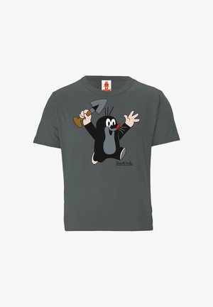 Gray t-shirt featuring a cartoon mole character holding a shovel, with a red nose, large white eyes, and light-colored paws.