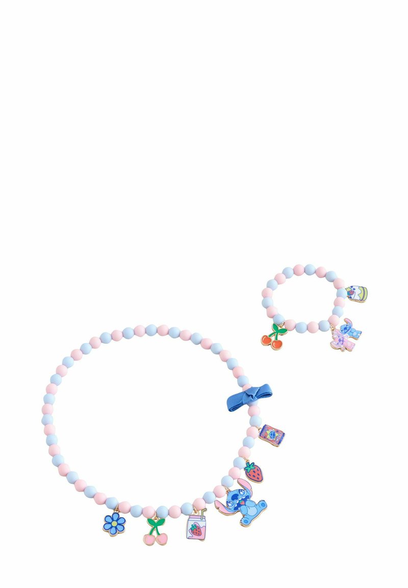 Pasztell rózsaszín és kék gyöngy nyaklánc és karkötő szett. Virág, gyümölcs és mesefigura charmokkal, kék masni kiegészítéssel.