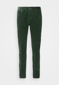 Mörkgröna manchesterbyxor med smal passform, fram- och bakfickor, bälteshällor och knappstängning.