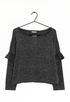 Dunkelgrauer Langarmpullover mit weitem Ausschnitt. Verfügt über Rüschendetails an den Ärmeln. Aus weichem, strukturiertem Strickstoff gefertigt.