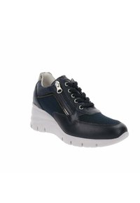 Sneaker with a navy leather upper and mesh panels. Features a white rubber sole, front laces, and a side zipper for easy access.