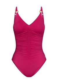 Jednodílné plavky v živé růžové barvě, s výstřihem do V, řaseným detailem na přední straně, nastavitelnými ramínky a akcenty v zlatém tónu.