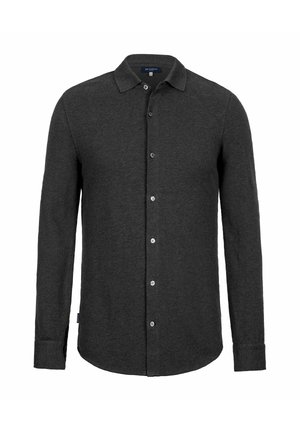 Dunkelgraues langärmliges Hemd mit Knopfleiste und Kragen, sichtbaren Knöpfen vorne und geradem Saum, dargestellt vor weißem Hintergrund.