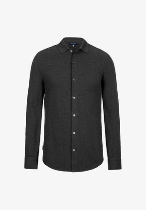 Chemise à manches longues gris foncé avec col, boutons visibles sur le devant et ourlet droit, présentée sur un fond blanc.