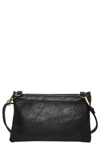 Black leather clutch bag with a textured finish, featuring a gold-tone hardware zipper and detachable strap. Rectangular shape, minimalist design.