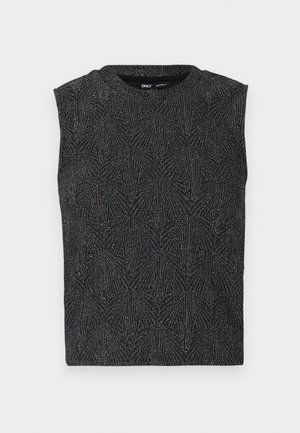 Μαύρη αμάνικη μπλούζα με υφασμάτινο γεωμετρικό σχέδιο, κατασκευασμένη από υλικό με λάμψη. Διαθέτει στρογγυλή λαιμόκοψη και κομψό στυλ.