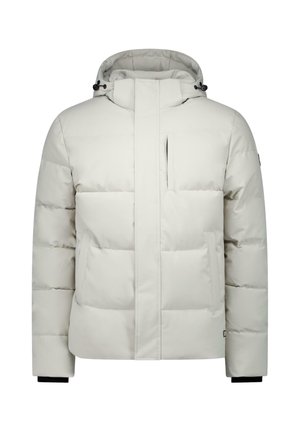 Off-white gewatteerde winterjas met een ritssluiting aan de voorkant, capuchon met trekkoorden en een verticale borstzak.