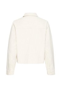 Kreminės spalvos trumpa palaidinė su vertikaliomis šviesiai rudos spalvos juostelėmis, apykakle ir ilgomis rankovėmis, su tiesiu nugaros dizainu.