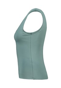 Top sin mangas de color verde claro con escote redondeado, fabricado con un tejido suave. Presenta un diseño ajustado y una costura sutil en la parte delantera.