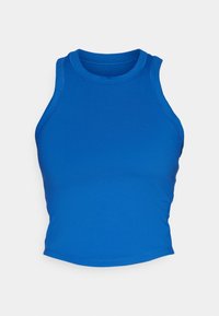 Top sportivo senza maniche di colore blu, realizzato in tessuto elasticizzato, con scollatura rotonda e texture liscia, dotato di cuciture rinforzate.