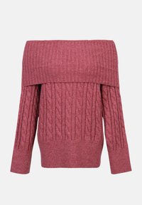 Off-the-shoulder sweater in textured ribbed knit, dusty rose color. Features cable knit pattern, long sleeves, and a fitted hem.