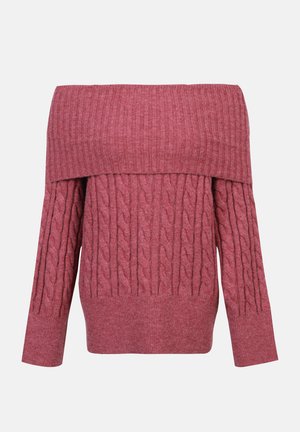 Pulover z off-the-shoulder v teksturiranem rebrastem pletenju, v barvi prahu vrtnice. Ima vzorec kabelskega pletenja, dolge rokave in prilegajoč rob.