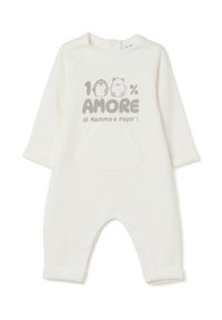 Un bodies de color crema hecho de un tejido suave, con un bolsillo frontal y una impresión de dos animales de dibujos animados con el texto "100% AMORE" en color gris.