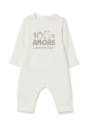 Crème-kleurige jumpsuit van zachte stof, met een voorzak en een afbeelding van twee cartoon dieren met "100% AMORE" in grijze tekst.