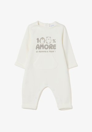 Un bodies de color crema hecho de un tejido suave, con un bolsillo frontal y una impresión de dos animales de dibujos animados con el texto "100% AMORE" en color gris.