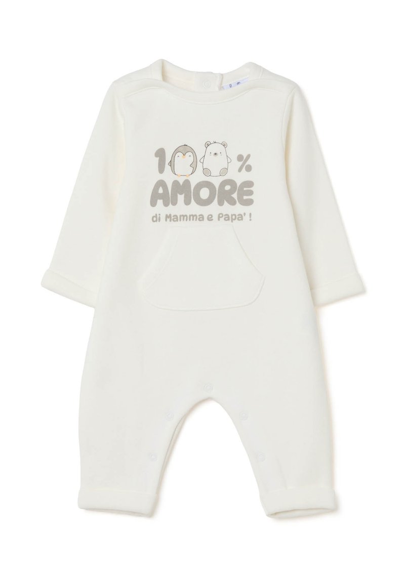 Un bodies de color crema hecho de un tejido suave, con un bolsillo frontal y una impresión de dos animales de dibujos animados con el texto "100% AMORE" en color gris.