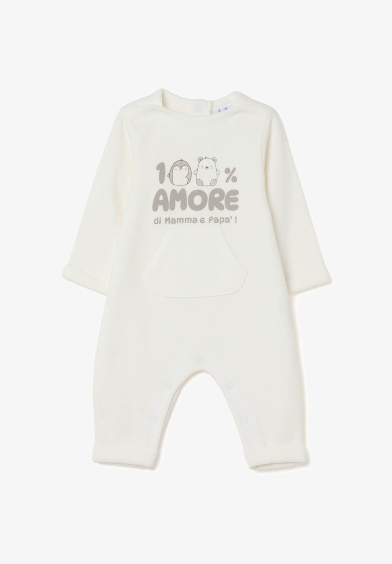Un bodies de color crema hecho de un tejido suave, con un bolsillo frontal y una impresión de dos animales de dibujos animados con el texto "100% AMORE" en color gris.