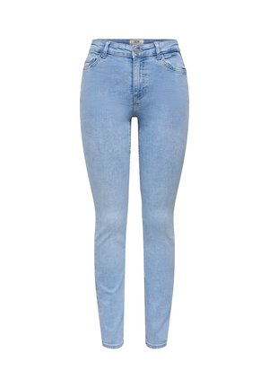 Svetlo modre ozke kavbojke s visokim pasom, sprednjim gumbom, zadrgo, zankami za pas in dvema sprednjima žepoma, prikazane na belem ozadju.