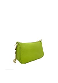 Grön läderclutch med en texturerad yta, utrustad med ett guldkedjeskaft och ett blixtlås, i rektangulär form.