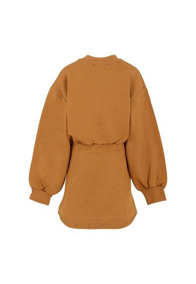 Bruine sweatshirt jurk met lange mouwen, elastische taille, pofmouwen, ribgebreide manchetten en kleine metalen oogjes langs de randen en schouders.