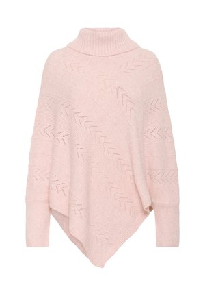 Világos rózsaszín kötött poncsó garbónyakkal, átlós chevron mintázattal és bordázott hosszú mandzsettákkal.