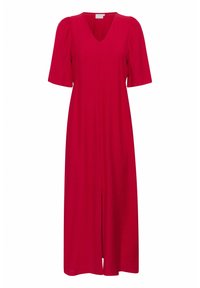 Robe midi rouge en tissu lisse, dotée d'un décolleté en V, de courtes manches bouffantes et d'une fente à l'avant pour une touche de design supplémentaire.