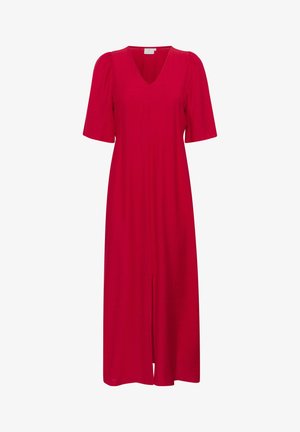 Sarkana midi kleita, kas izgatavota no gludas auduma, ar V-veida kakla izgriezumu, īsām pūkajām piedurknēm un priekšējo šķēlumu papildu dizaina akcentam.