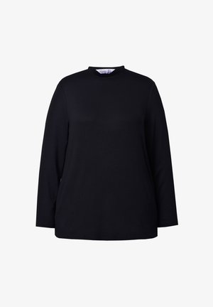 Zwarte lange mouwen top met een hoge hals, gemaakt van soepel materiaal. Heeft volle mouwen en een relaxte pasvorm, zonder zichtbare patronen of accenten.