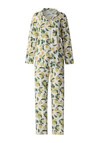 Pjama-Set mit Zitronenmuster aus leichtem Stoff; langärmliges, knöpfbares Oberteil und passende Hose mit weißem Hintergrund und grünen Akzenten.