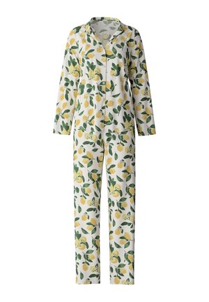 Lemon-patterned pajama set in lightweight fabric; long sleeves, button-up top, and matching pants with a white background and green accents.