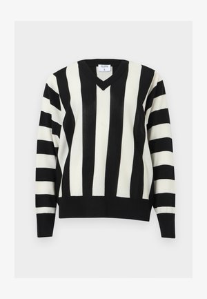 Schwarz-weiß gestreifter V-Ausschnitt-Pullover mit vertikalen Streifen am Körper und horizontalen Streifen an den Ärmeln, mit gerippten Bündchen und Saum.