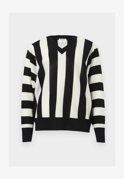 Μπλούζα V λαιμόκοψη με ασπρόμαυρες ρίγες, κάθετες στο σώμα και οριζόντιες στα μανίκια, με ριμπ μανσέτες και τελείωμα.