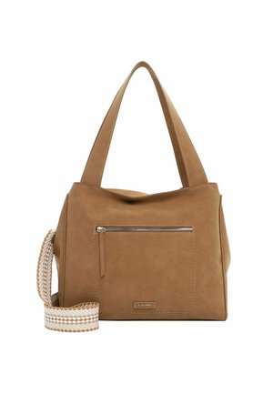 Rudos spalvos odinė didelė rankinė su dviem petnešomis, priekyje esantis užtrauktuko kišenė ir nuimamas pintas kreminės ir baltos spalvos kelių kryžiaus dirželis.