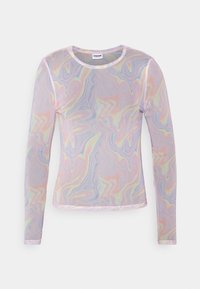 Langärmliges Oberteil aus leichtem, transparentem Stoff mit einem pastellfarbenen Marmor-Muster in wirbelnden Farbtönen von Pink, Blau, Gelb und Weiß.