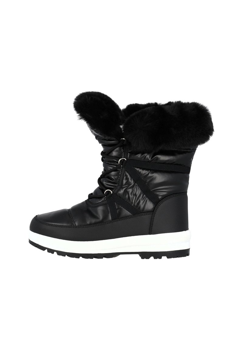 Botín de invierno negro hecho de material acolchado, con un puño de piel sintética, suela blanca y sistema de cordones. Lados texturizados.