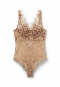 Krajkový body в nude barvě, s květinovými vzory, vykrojenými okraji a nastavitelnémi ramínky. Měkká textura s patentním uzávěrem na dně.